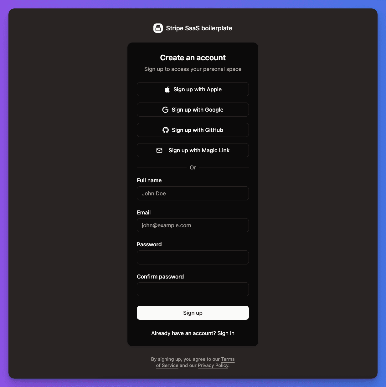Registration form with name, email, password fields and social auth options
