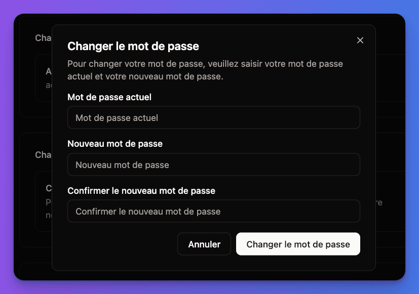 Password change interface in account settings