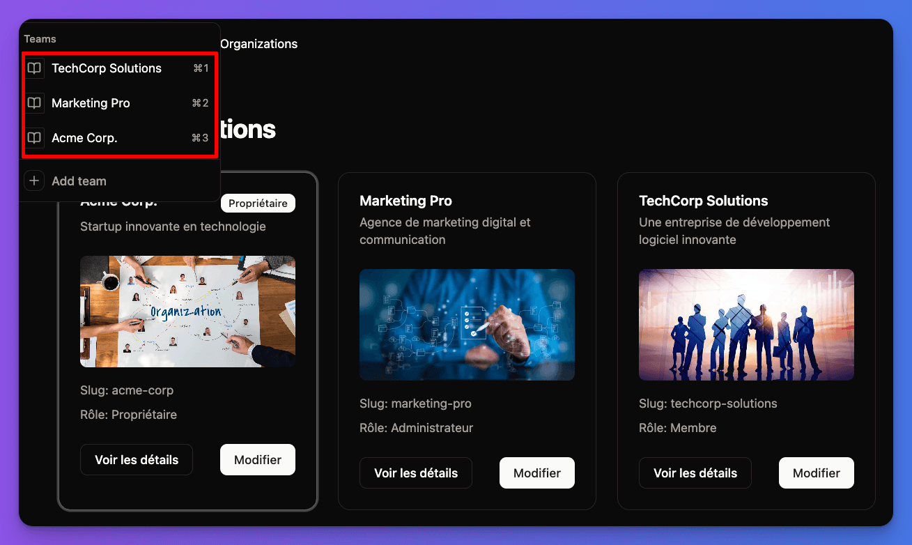Organizations list interface