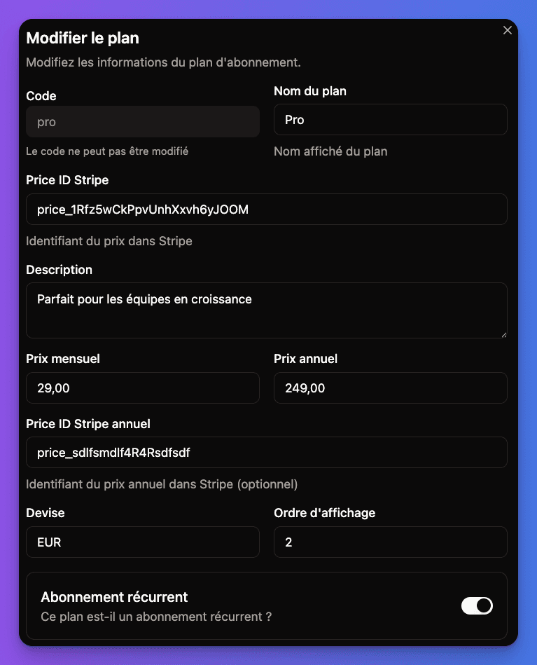 Admin plans management interface