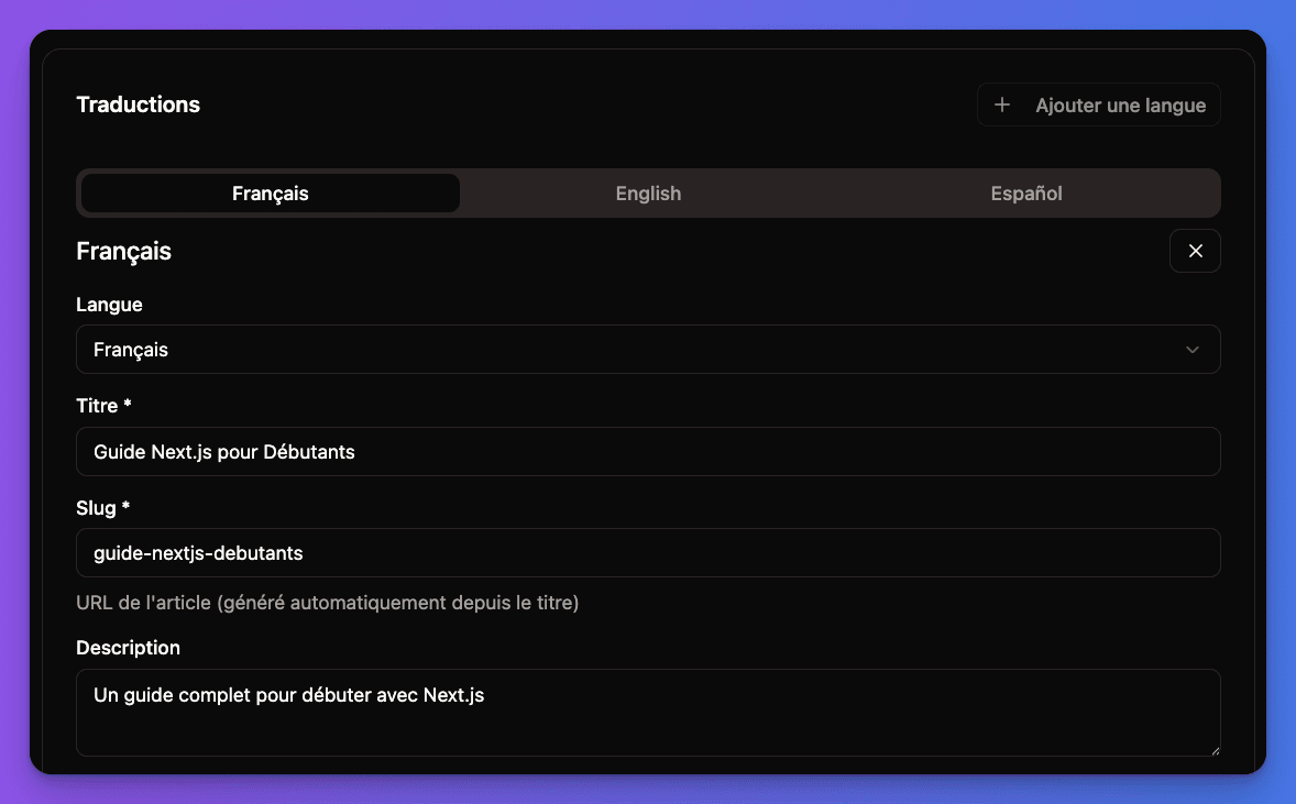 Multi-language blog management interface